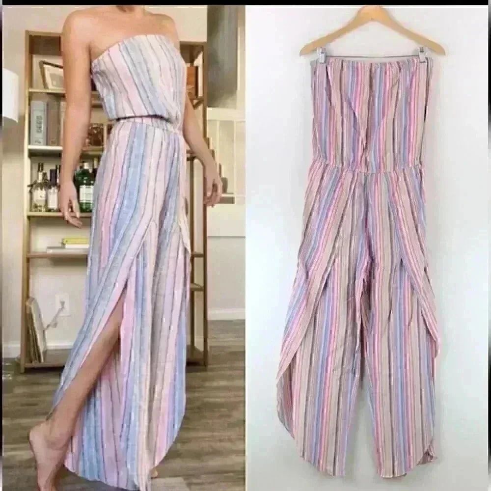 Drew Anthropologie Striped Linen Blend Strapless Bohemian Jumpsuit Size … - Picture 11 of 11